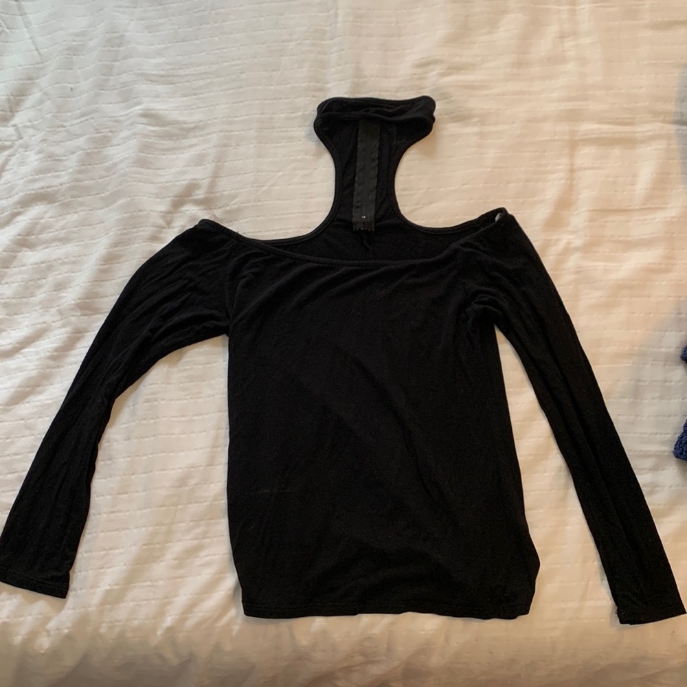 Black long sleeve off the shoulder top with built-in neck